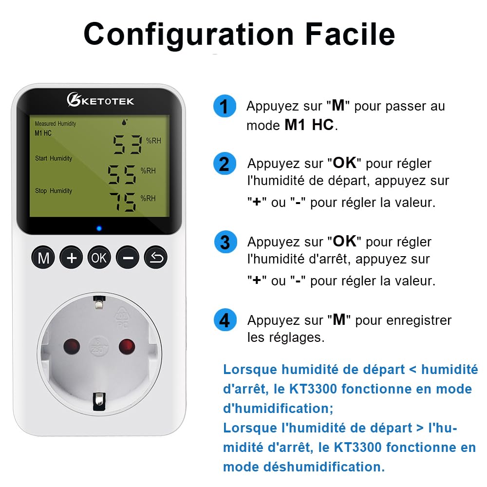 KETOTEK Prise Hygrostat Numérique avec Sonde, Contrôleur Humidité 220V pour Terrarium Reptile Couveuse Incubateur