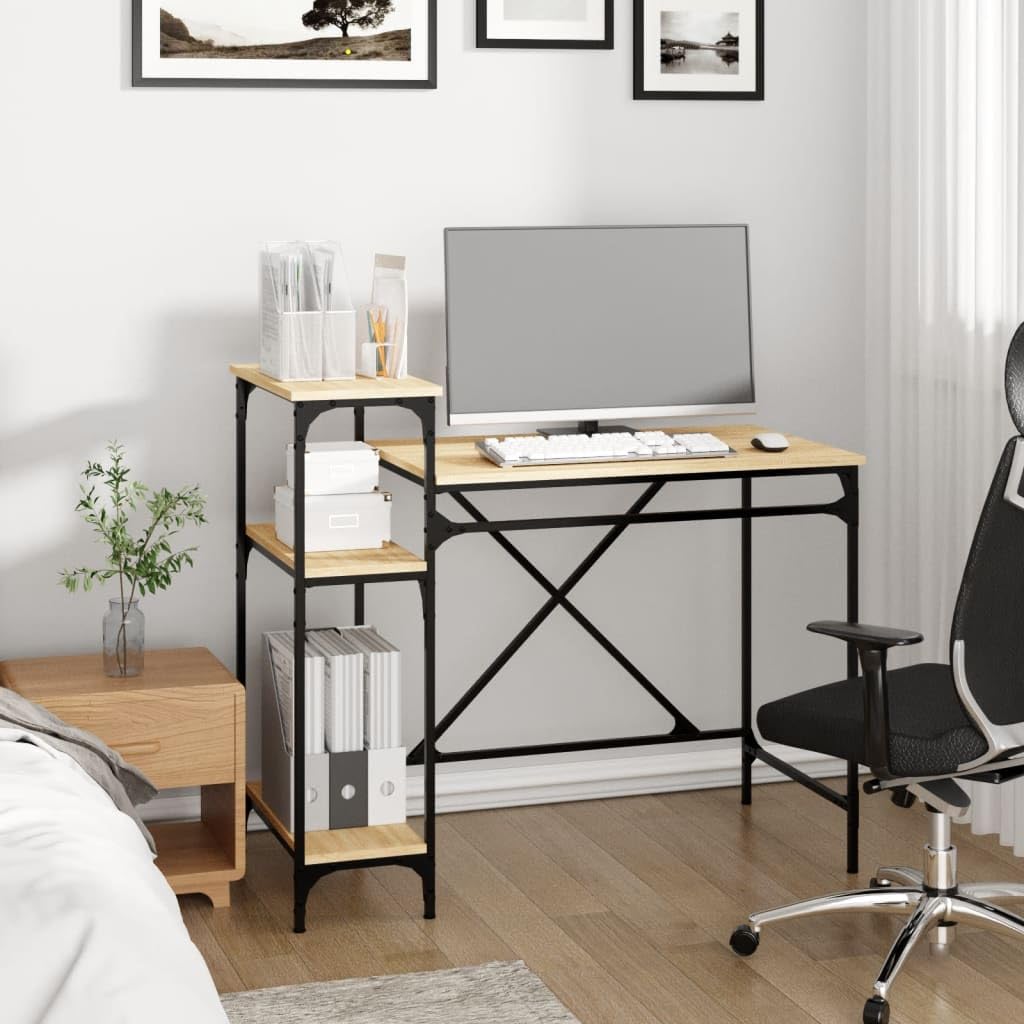 Scrivania con ripiani Quercia 105x50x90cm Legno Ingegneria E Ferro | 3 ripiani portaoggetti, grande superficie di lavoro, stile industriale, telaio in ferro stabile, per ufficio o casa