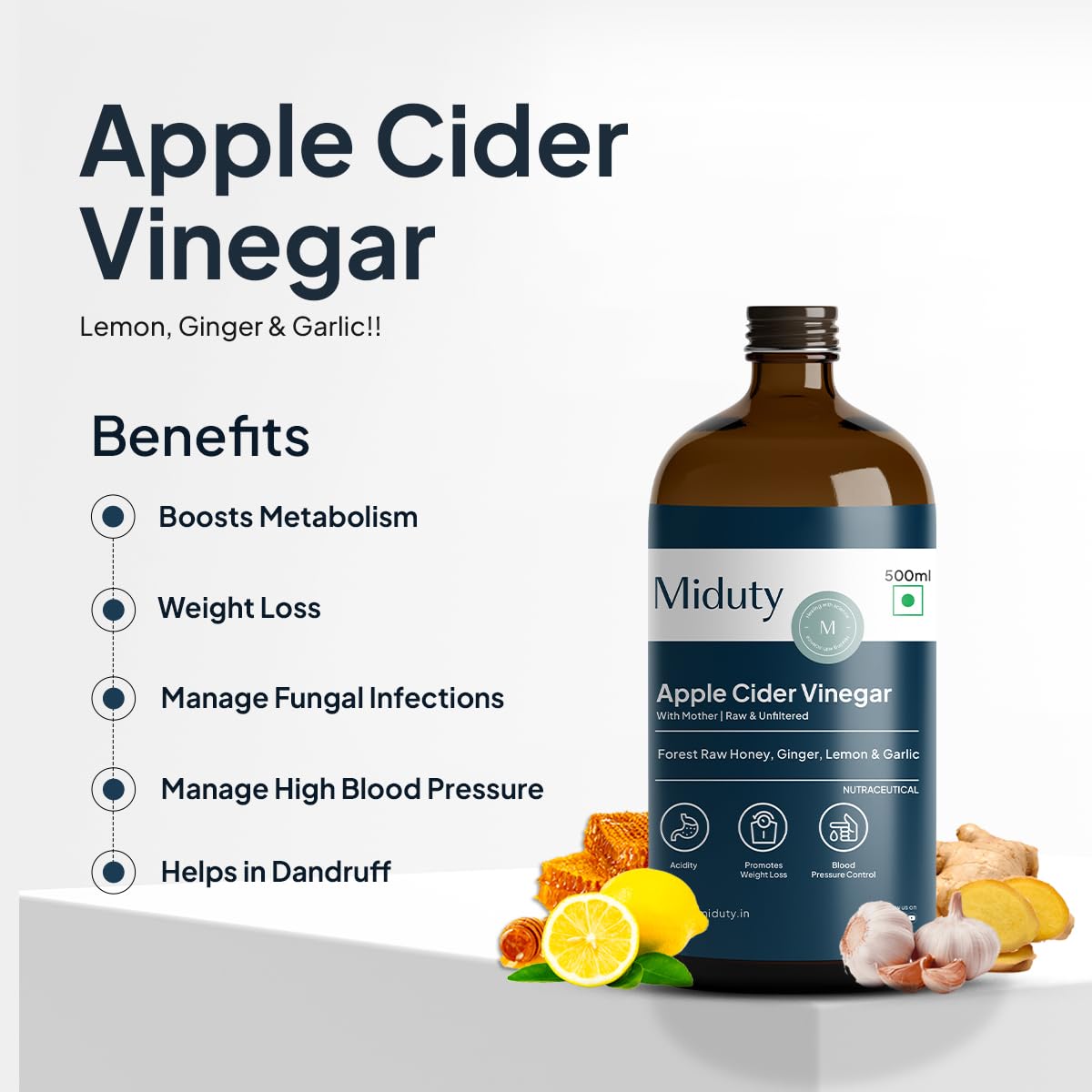 Miduty Raw & Unfiltered Apple Cider Vinegar - Forest Raw Honey - Lemon - Ginger - Garlic - Enriched with Minerals - Promotes Weight Loss - from Himalayan Apples - Glass Bottle - 500 ml - Image 4 thumbnail