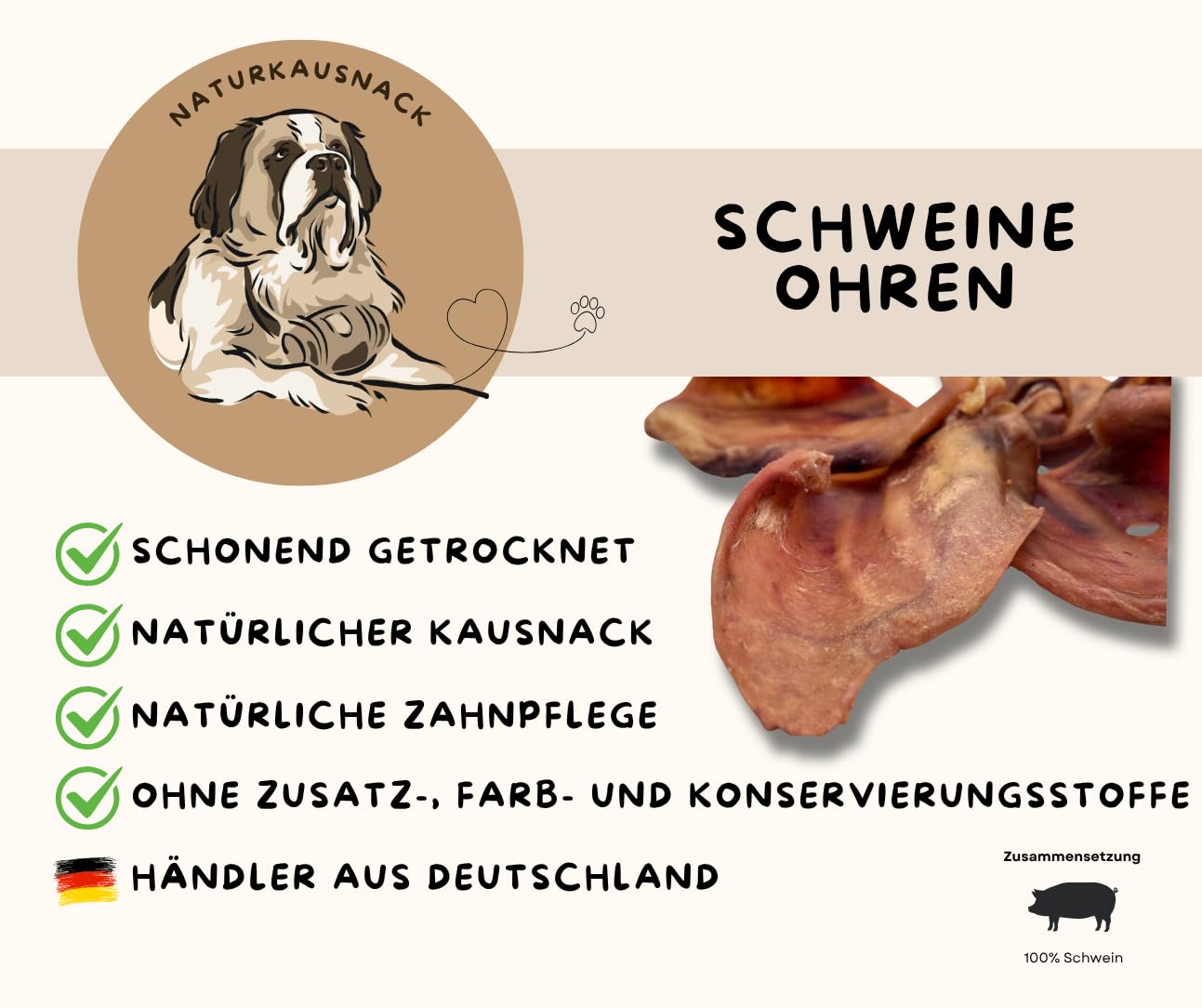 Schweineohren, ganze Ohren, Hundesnack von Warnick´s Tierfutterservice (20Stück)