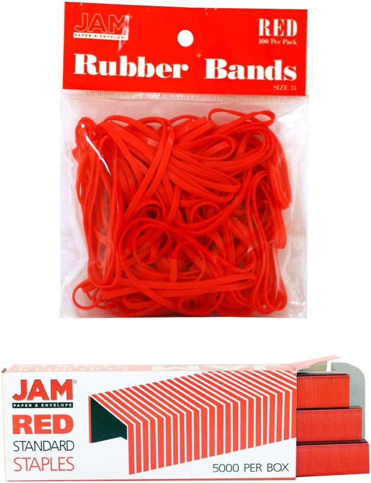 JAM PAPER Complete Desk Kit - Red - Stapler, Tape Dispenser, Staples, Journal, Le Pens, Rubber Bands, Paper Clips & Binder Clips - 8/Pack