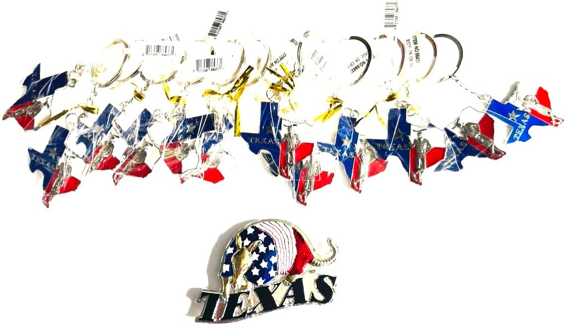 TEXAS Souvenir Bundle Gift Keychain 12 Pack with 1 Free Texas Armadillo Magnet (Texas flag bottle opener keychain)