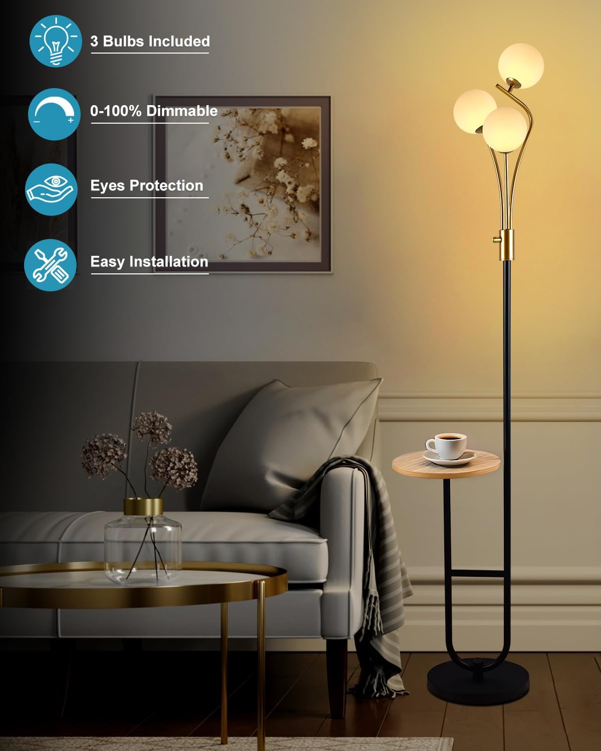Lightdot Dimmable Gold &Black Floor Lamp with Tray 65IN Mid Century Standing Lamps with Shelf, 3000K Warm White Bulbs Included, Modern Globe Floor Lamp for Living Room/Bedroom/Sofa Beside/Corner Decor