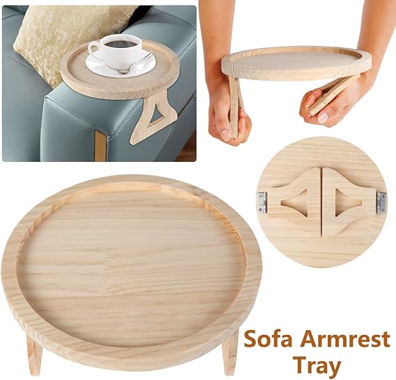 Sofa Arm Tray Table Couch Armrest Table Clip On Round Sofa Cup Holder Natural Pine Wood Couch Side Table Foldable Sofa Tray Armrest Armchair Organizer for Remote Control Drinks Snacks Phone