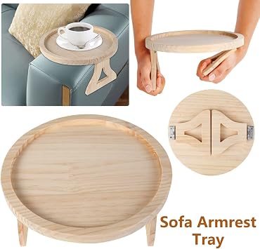 Sofa Arm Tray Table Couch Armrest Table Clip On Round Sofa Cup Holder Natural Pine Wood Couch Side Table Foldable Sofa Tray Armrest Armchair Organizer for Remote Control Drinks Snacks Phone