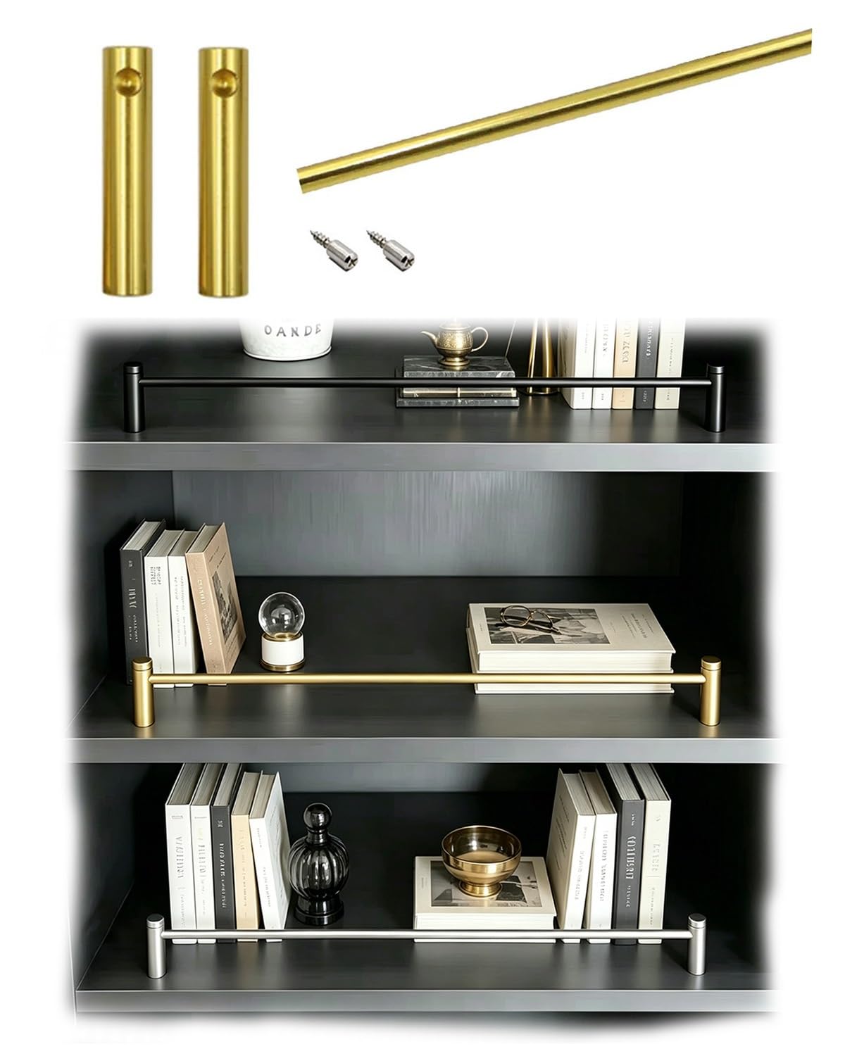 Zimgod Gold-A Aluminum Gallery Rail Kit For Bookshelves/Furniture/Cabinet, Shelf Edge Tipping Guardrail Rod, Decorative Shelving Fence With Spindles & Hardware(,52In/132Cm)