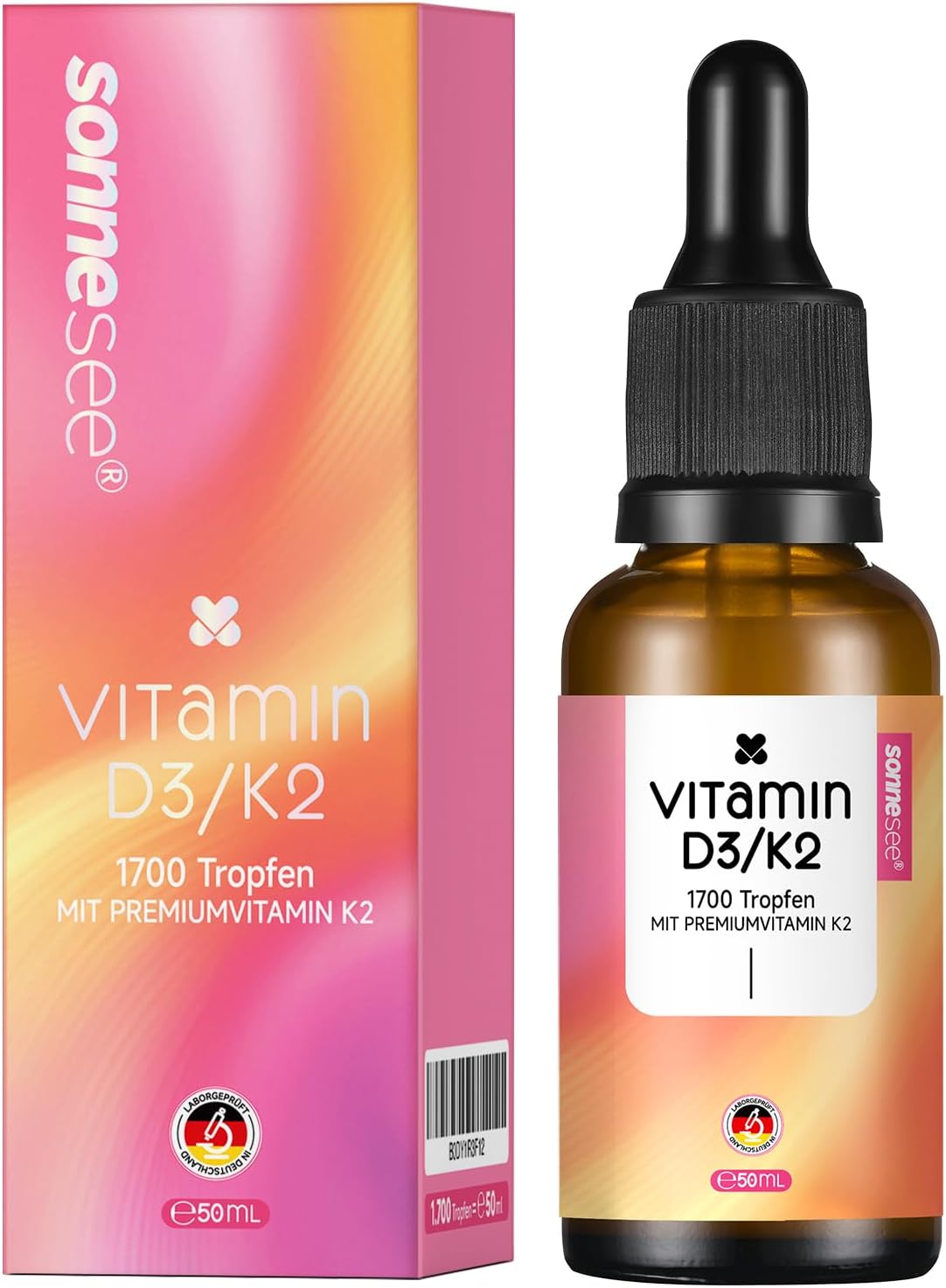 Vitamin D3/K2 Tropfen   25  g D3 & 20  g K2 MK7   1700 Tropfen 50 ml   Pflanzliches D3 aus Flechten   MCT- l   Vegan laktosefrei   F r Knochen & Immunsystem
