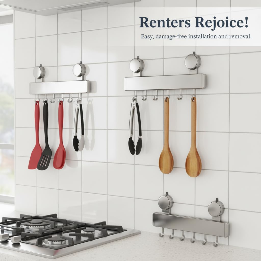 Perchero Ganchos Cocina Ventosas , Gancho gris pistola 60cm 12 ganchos