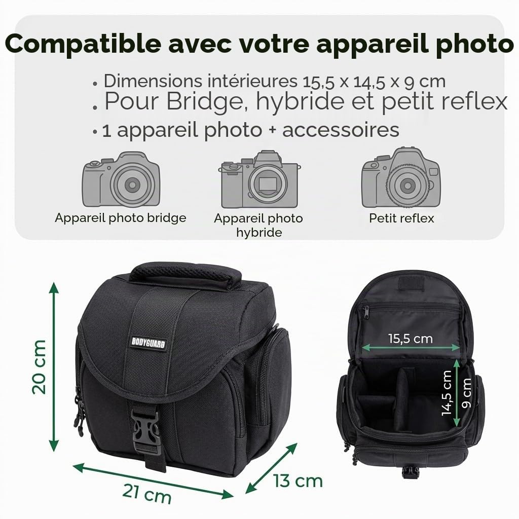 Bodyguard Sac de Haute qualité pour Appareil Photo Bridge et appareils Photo système adaptées pour Canon EOS M50 Panasonic DMC-FZ300 DMC- FZ1000 Sony DSC-HX400V DSC-HX60 Nikon coolpix B700 L840