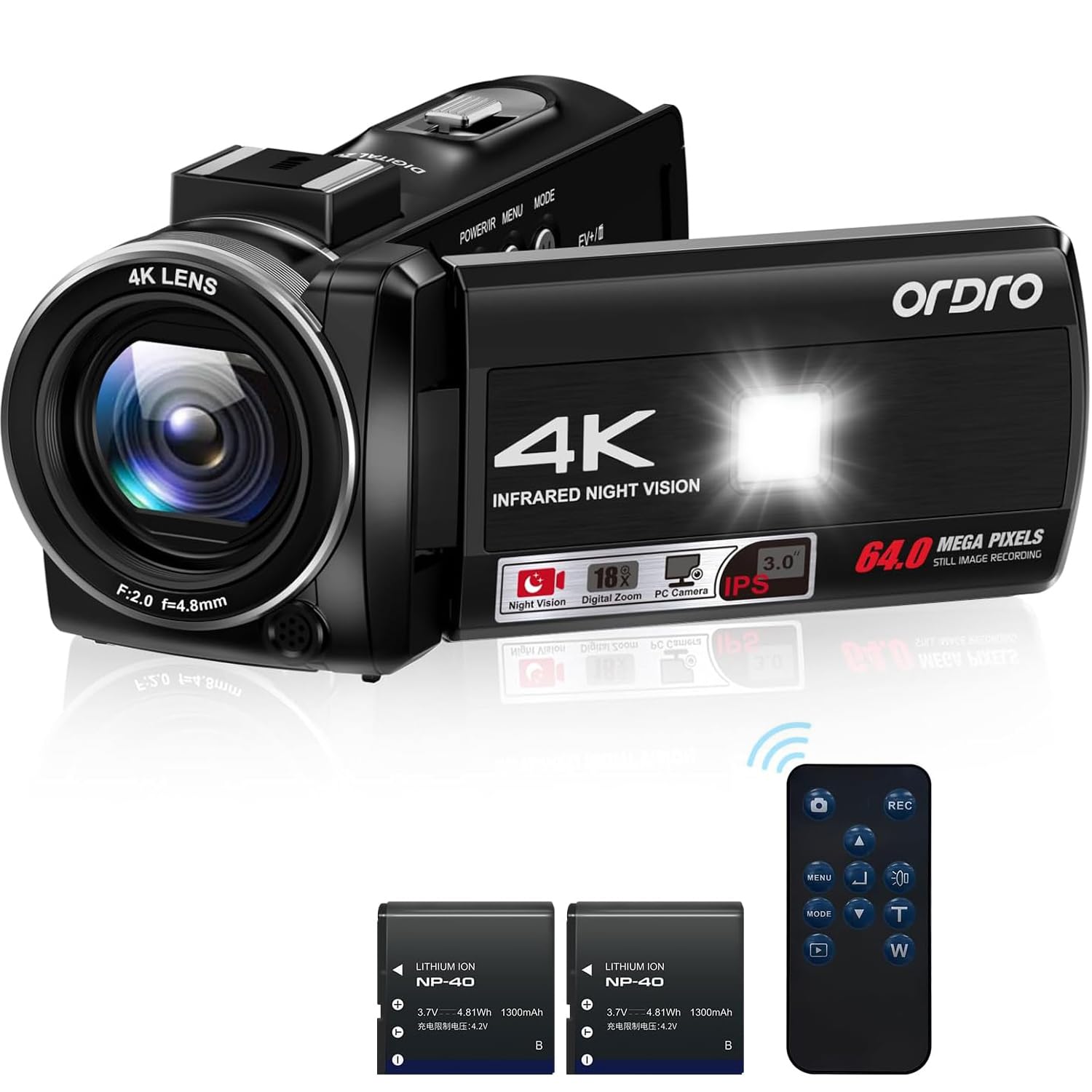 ORDRO Z36 4K Camcorder 64MP Vlogging Camera 18X Digital Zoom IR Night Vision