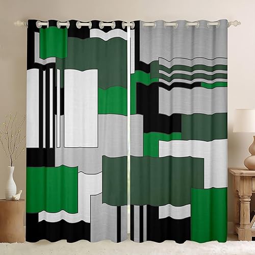 Cortinas geométricas verdes, grises y blancas para dormitorio, sala de estar (2 paneles, 52 x 84 pulgadas), geometría 30% a 50% cortinas opacas