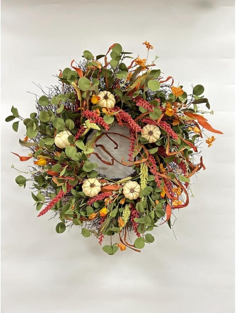 Pumpkin Patch Autumn Wreath, Fall Door Decor, Harvest Wreath, Handcrafted Farmhouse Wreath with Mini Pumpkins, Orange Blossoms, and Greenery for Front Door Thanksgiving Home Decor