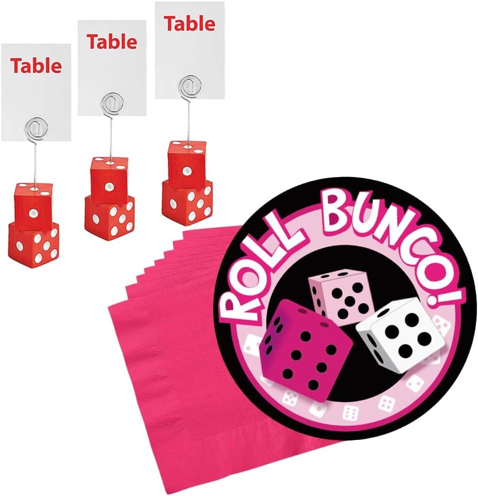 Roll Bunco Plate and Magenta Napkin Set with Bunco Dice Table Number Holders Bundle