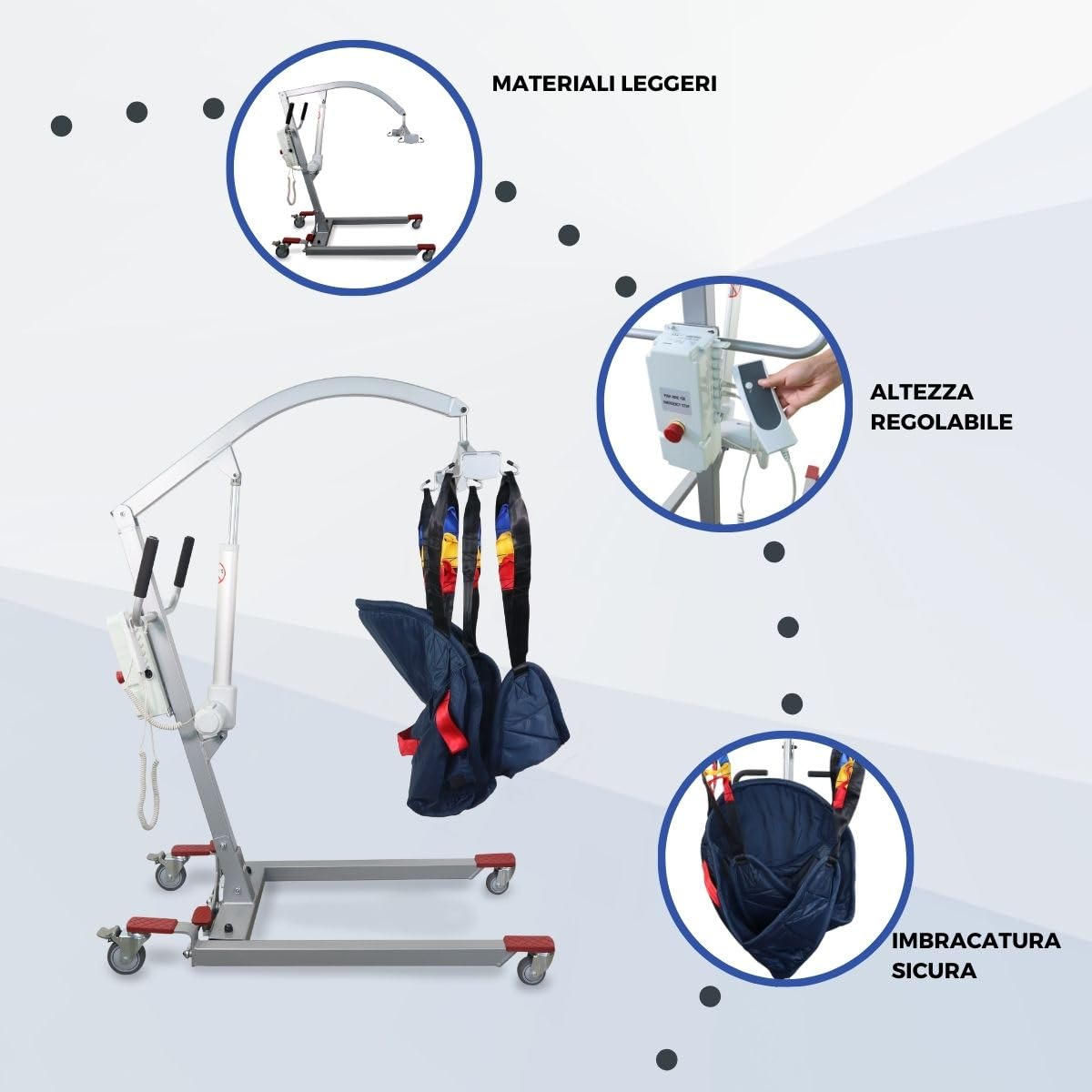 Mobiclinic®, Sollevatore per anziani, Elettrico, Fortuna basic, Imbracatura di trasferimento inclusa, Sostiene fino a 180 kg, Due batterie, Regolabile, Ruote sicurezza bloccate, Resistente