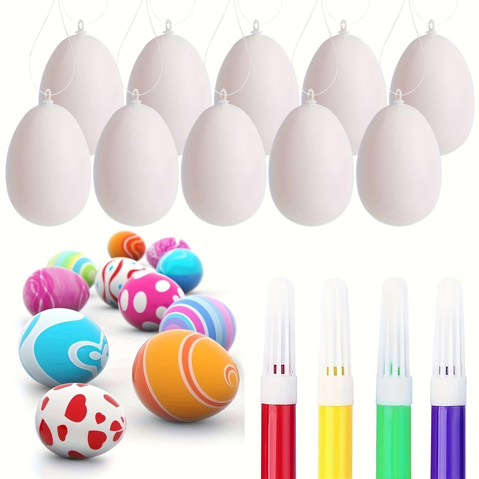 Photo 1 of SBOQIXFM 24 Pcs DIY Easter Eggs Craft Kit with 4 Paint Pens, White Plastic Hanging Easter Eggs with Rope for Easter Decoration, Party Favors, DIY Crafts