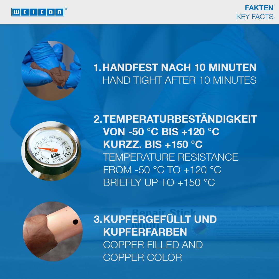 Weicon Barretta Rame 57G - Adesivo a Base Di Resina Epossidica Speciale per la Riparazione Di Tubi e Cavi - Resistente Al Calore