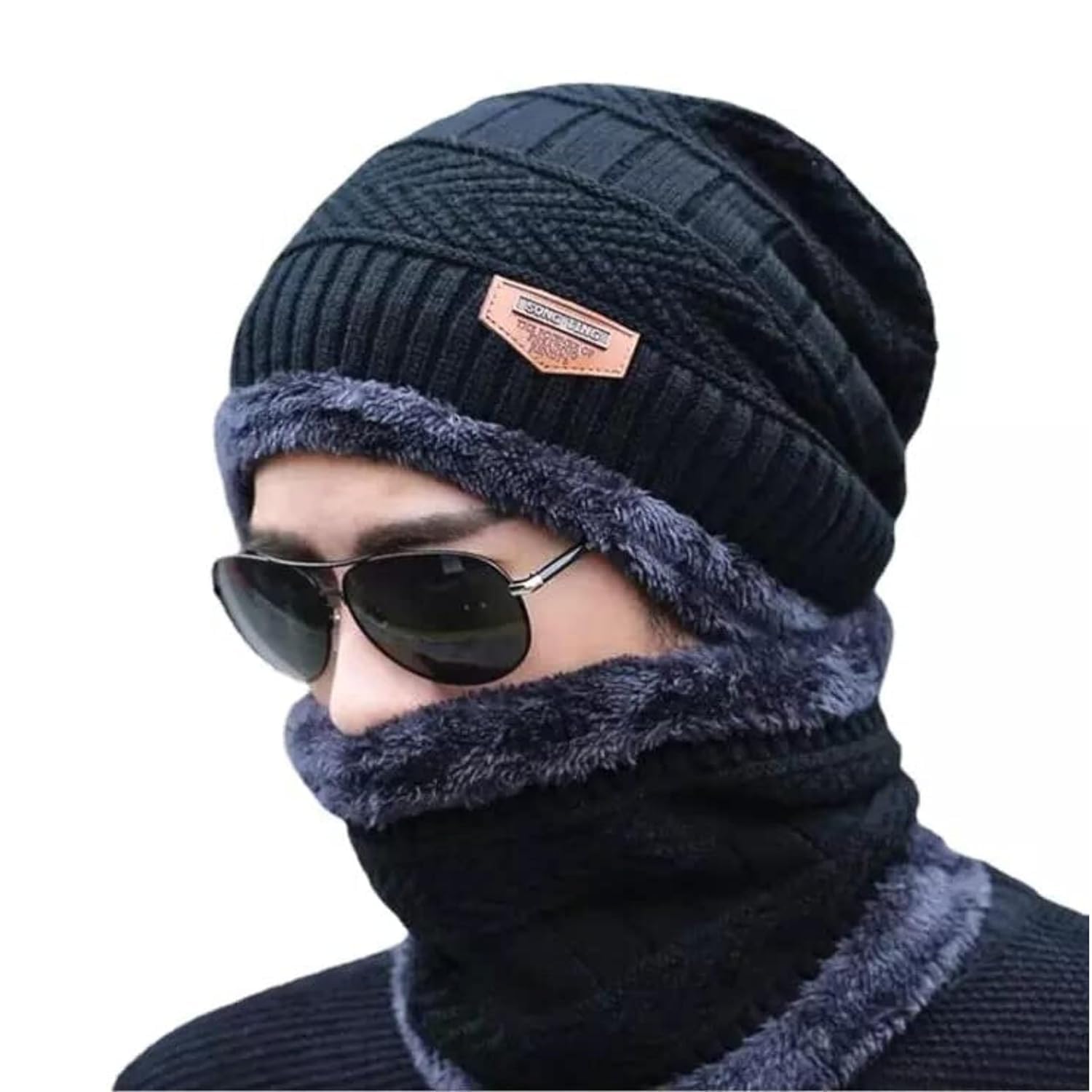 SYNAPSESWoolen Winter Cap Beanie Hat and Knitted Windproof Neck Warmer Scarf Combo Set for Neck and Ears