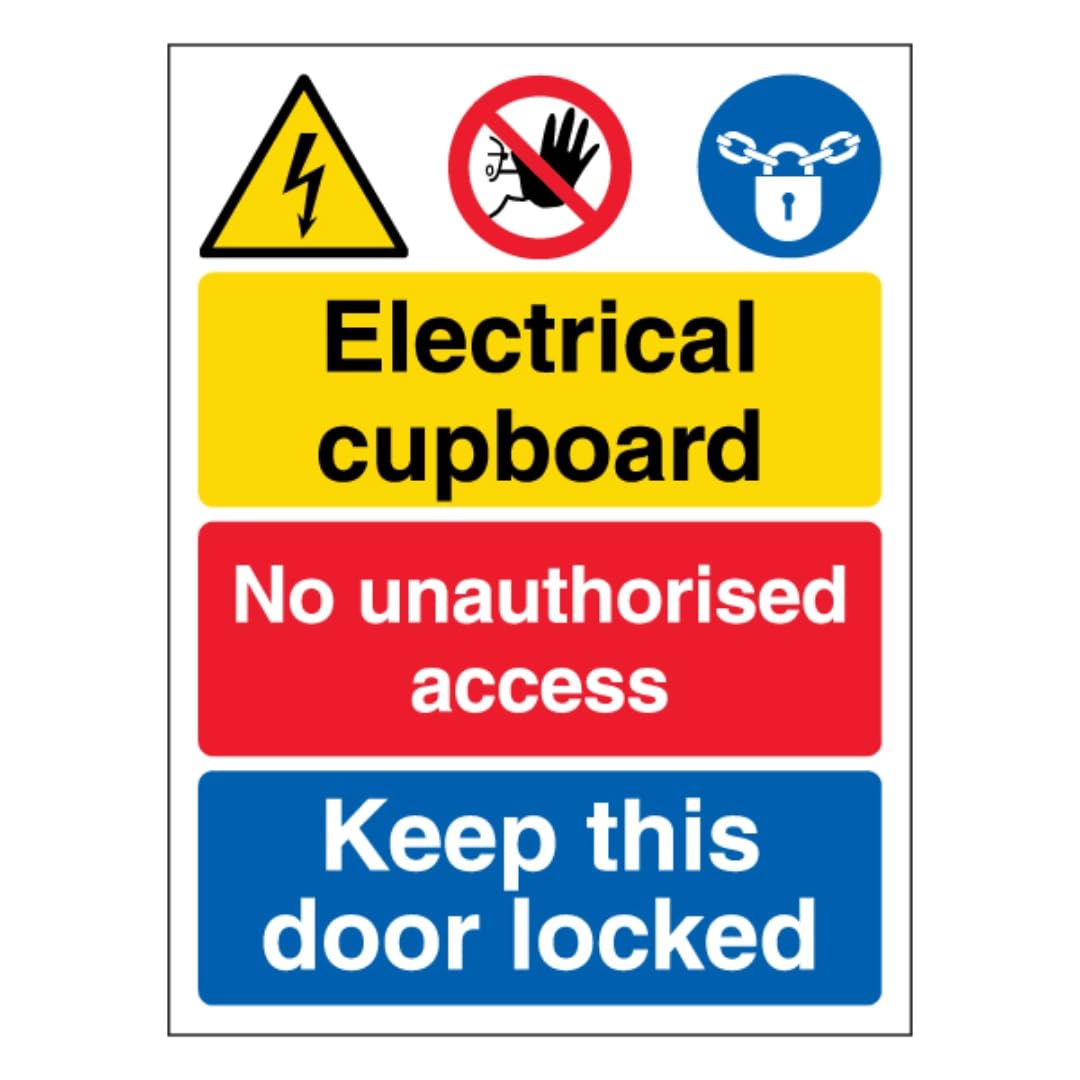 V Safety Electrical cupboard/No unauthorised access/Keep this door locked 300 x 400mm - 3mm Aluminium Composite Safety Sign
