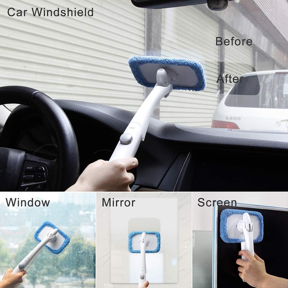 Car Duster Kit Spray Glass Windshield Cleaning Tool Defogging Foldable Handle 360° Pivoting Head Brush and 3 Reusable Microfiber Cleaning Bonnets for Interior Exterior Glass Screens Scratch Lint Free