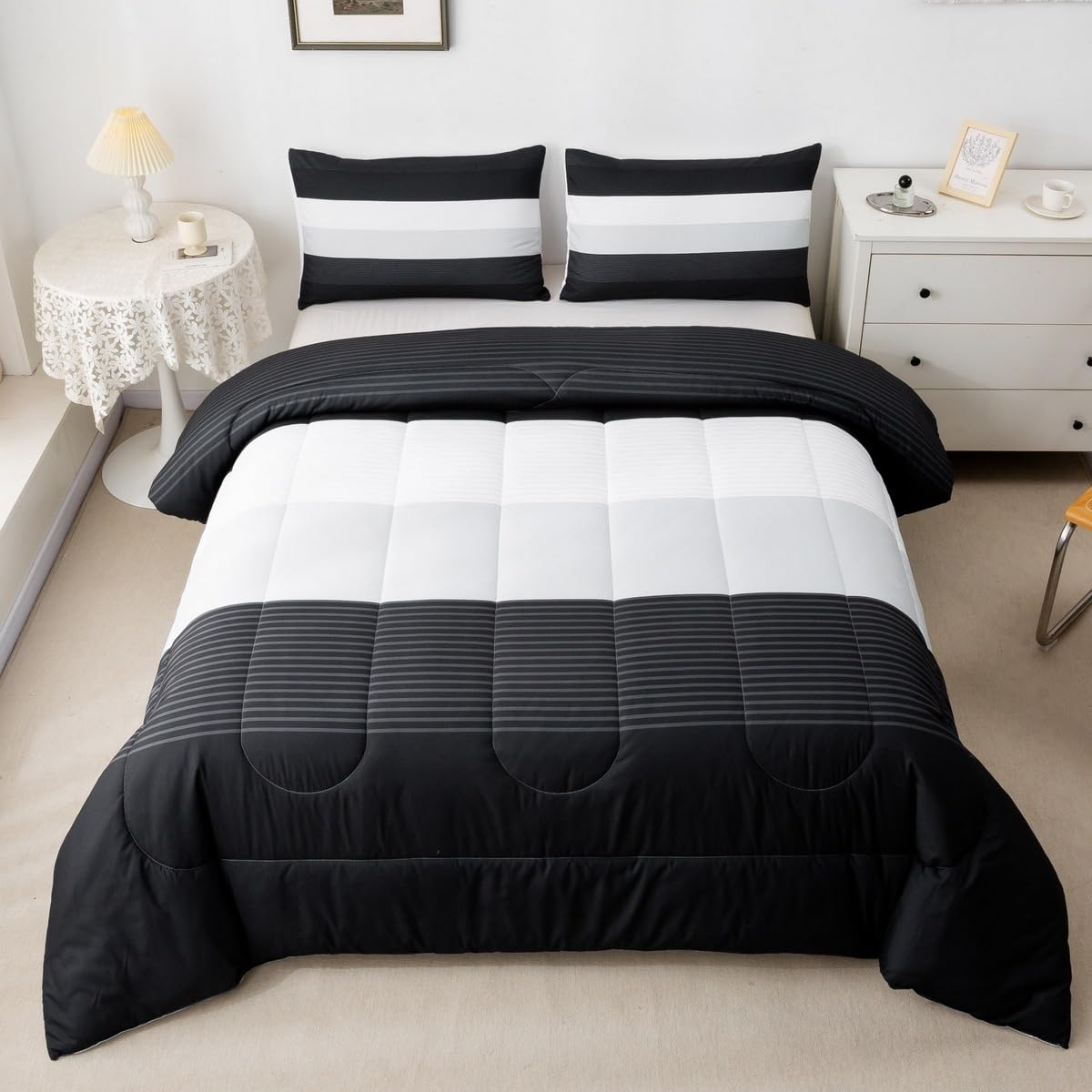 Geometric Comforter Set for Girls Boys Kids King Size Black White Stripes Lines Comforter Room Decorative Geometry Modern Art Bedding Set Duvet Set Quilt Set