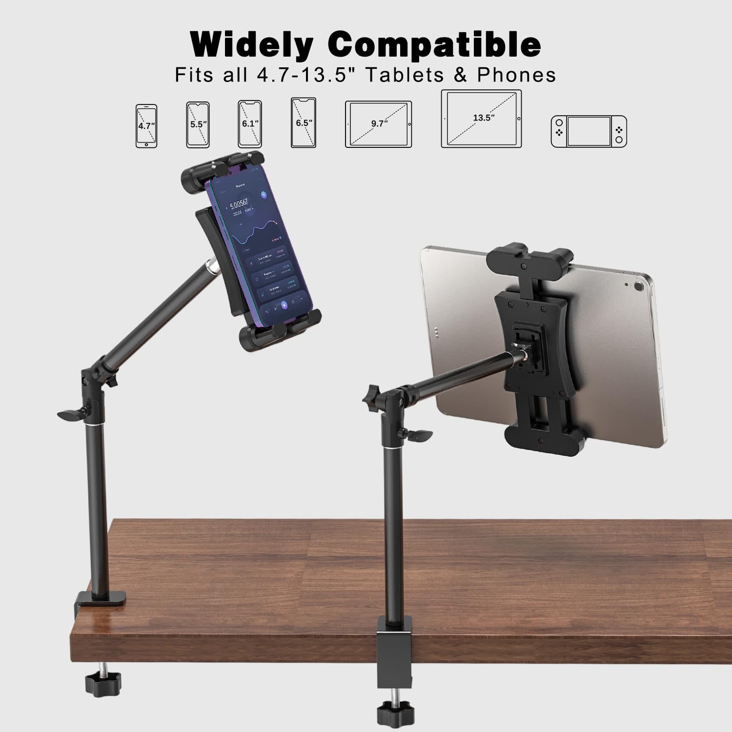 Cenawin Tablethouder voor tafel, iPad houder, tafel, 360 graden verstelbaar, lange mouwen, tablethouder, iPad houder, bureau, tablethouders voor 4,7 - 12 ,9 inch tablet smartphone