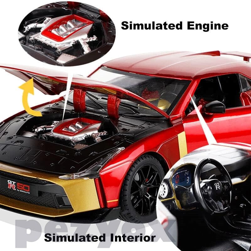 Image of Diecast GT R-50Toy Car 1:24 Scale Model,Pull Back Vehicles Alloy Simulation Supercar with Lights and Sound Also for Car Dashboard,Kids,Adult (Red)