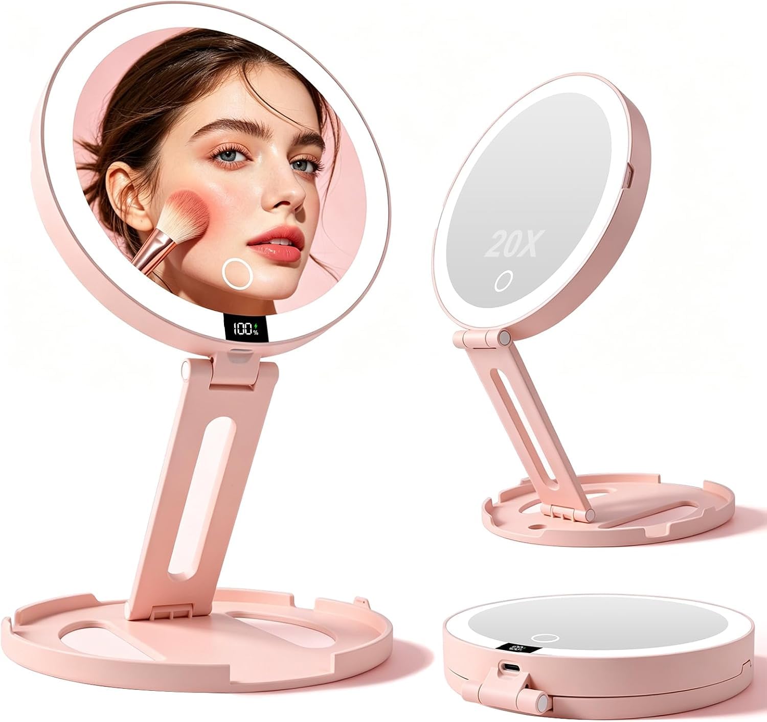 HAISSKY Specchio da viaggio per il trucco, portatile a doppio lato, ingrandimento 20X/1X, con luce a 3 colori e interruttore touch, specchio compatto pieghevole da appendere, regalo per donne