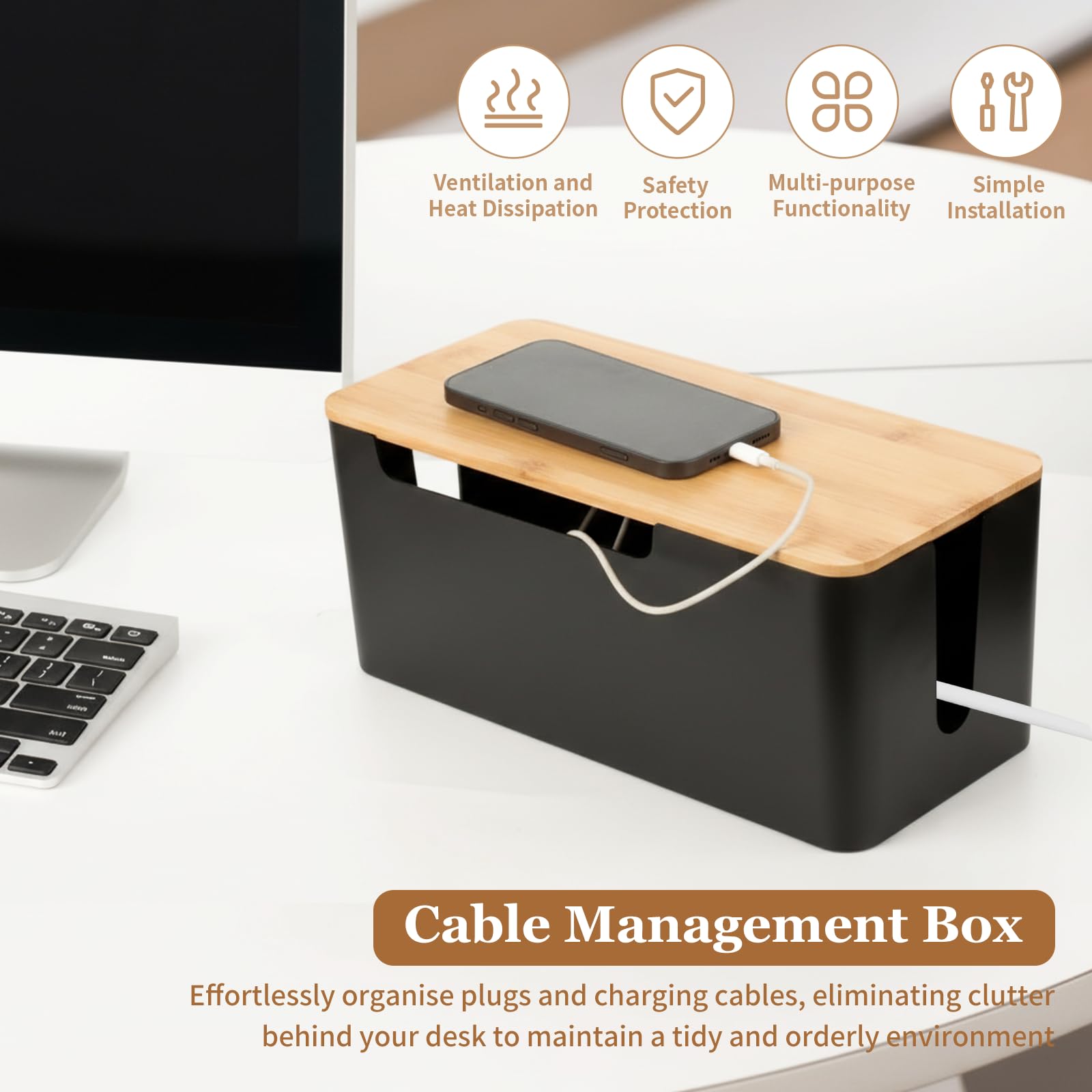 AiQInu Set da 2 Scatola Porta Cavi Nera, Scatola Nascondi Cavi con Coperchio in Legno, Copri Ciabatta Elettrica, Cable Box per Fili Elettrici​ di Prolunga, Prese Multiple e TV