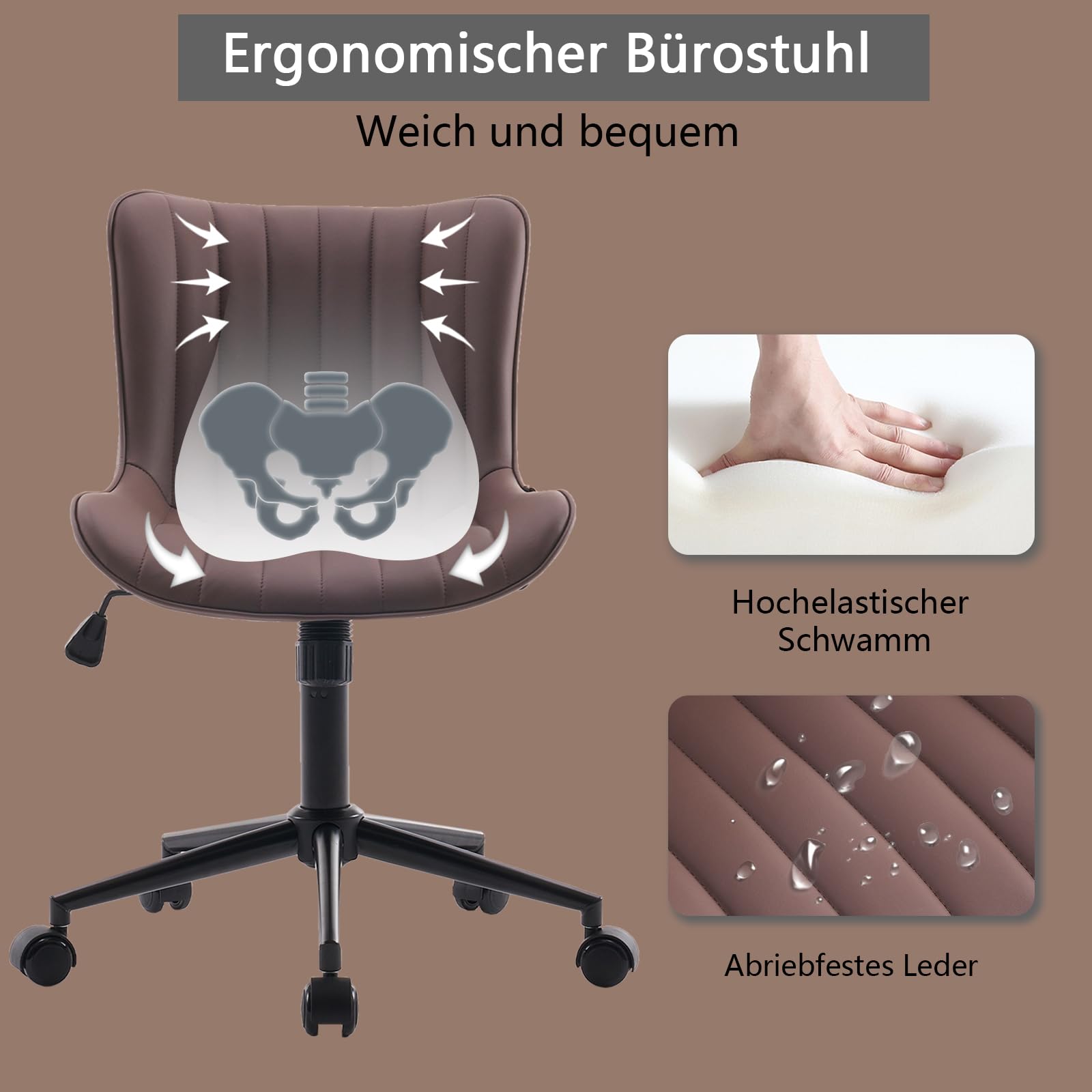 YOUTASTE Ergonomiczne krzesło biurowe, z regulacją wysokości, krzesło ze sztucznej skóry i kółkami, funkcja przechylania, krzesło komputerowe, obciążenie 136 kg, brązowe