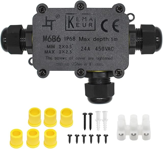 IP68 Waterproof Junction Box, HUYU 3-Way Outdoor Cable Connectors with 3 Cable M20 Gland Wire Connector Electrical Junction Box for 5-12MM Diameter Cable, 3 Pin Terminal, Black