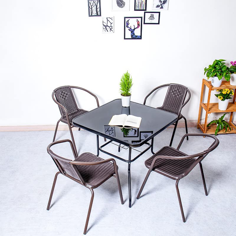 The Fellie Garden Furniture Set Outdoor Dining Table and Chairs Patio Tempered Glass Table Top with Umbrella Hole Wicker Stacking Chairs Seat(80cm Square Table+4PC Chair)