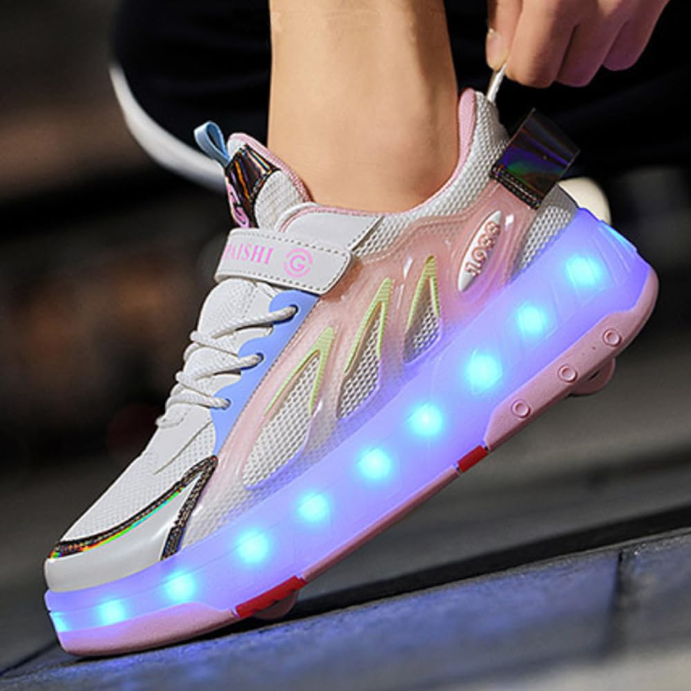 Hixingo Zapatillas con Ruedas Niña Niño, PU Zapatos con Dos Ruedas 2 en 1 Zapatillas Patines Zapatillas Ruedas con Luz LED, Zapatos Patines Calzado de Skateboarding Multifuncionales