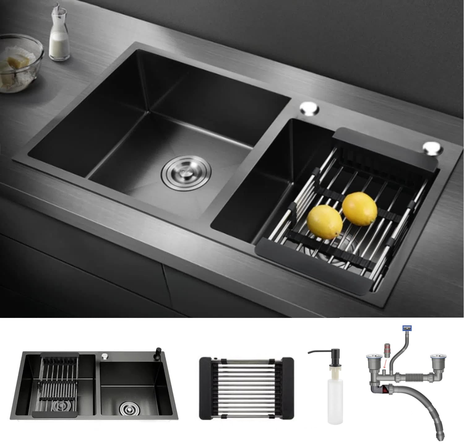 Evier de Cuisine en Acier Inoxydable Évier Double Bac avec 2 Trous de Montage Evier de Cuisine Kit, 78 * 43 * 20 cm (Noir)