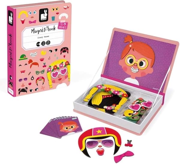 Janod - Magneti'Book Crazy Faces Ragazza - Gioco Educativo Magnetico 55 Pezzi - A Partire dai 3 Anni, J02717 - 1