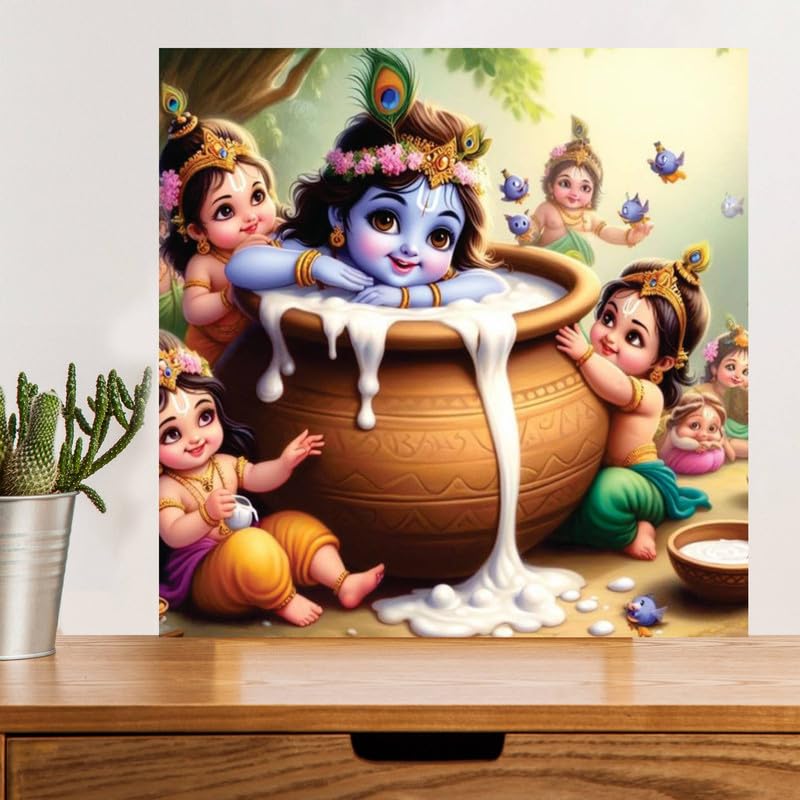 Image of British Terminal Cute little Bal Gopal Baby God Krishna| Kanha Ji | Laddu Lord Makhan Chor Painting Religious Poster for Pregnant Women for wall (matt thin vinyl,sticker,multicolor,unframed)| bj7