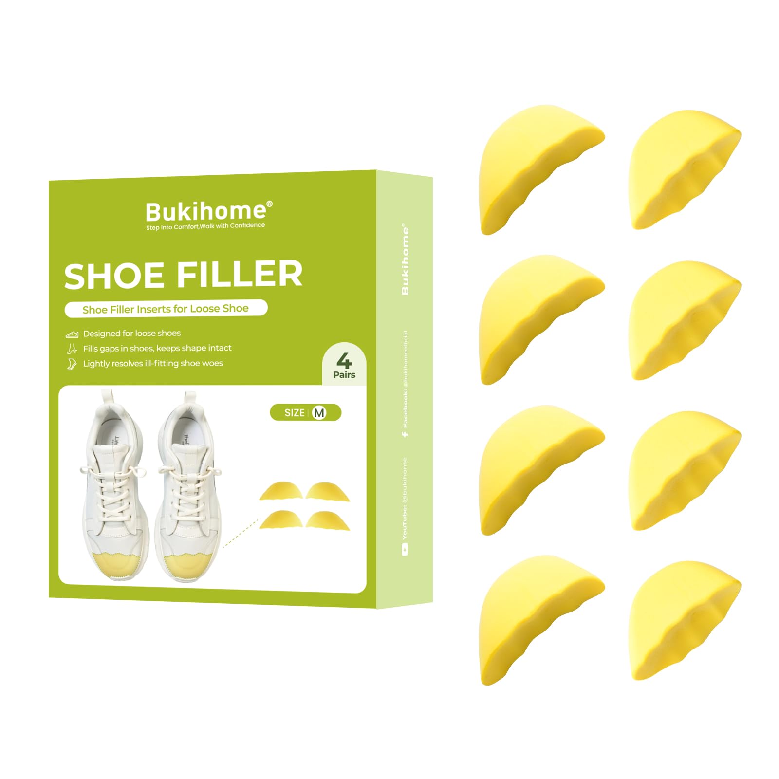 Bukihome Shoe Filler Insert - 4 Pairs Shoe Filler for Too Big Shoes, Heel Cushions for Women, Toe Inserts, Size Reducer Make Shoes Fit, Cushions for Women, Yellow, M