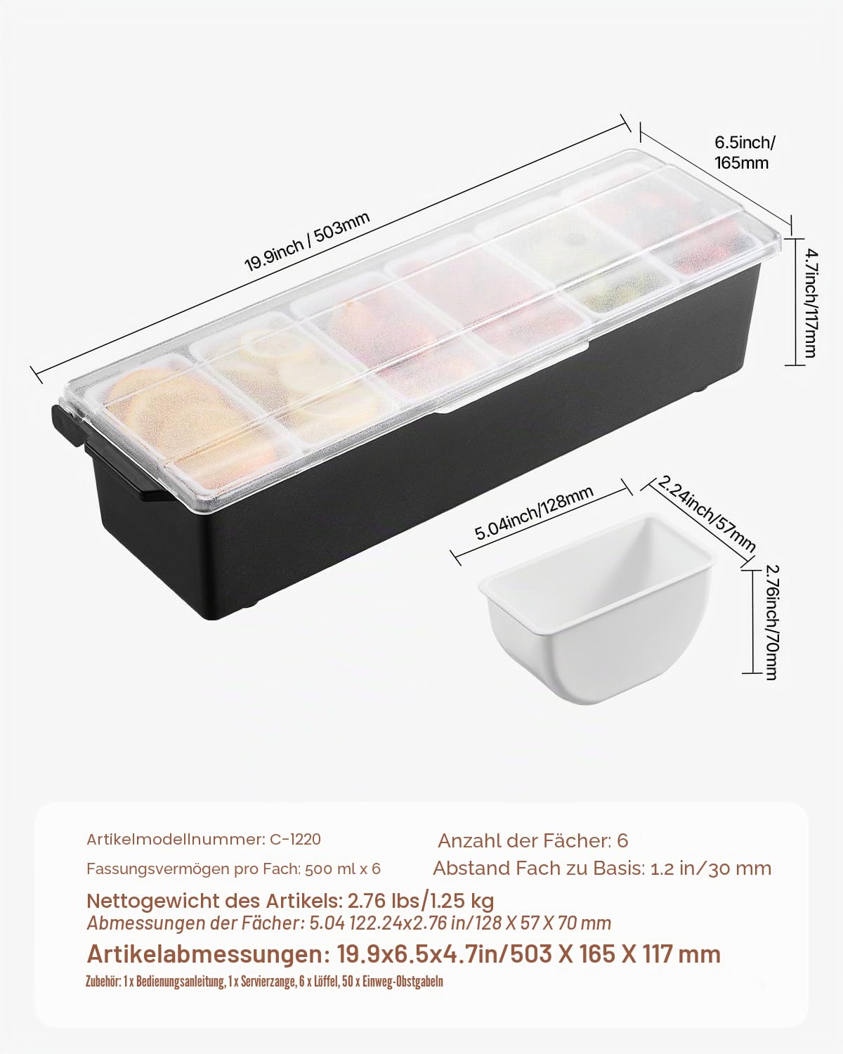 VEVOR gekühlter Gewürzbehälter Zutatenbehälter mit 6 Fächern (500 ml x 6) Präsentationsständer mit Deckel Pizzastation Pizza Belagstation Obstschachtel Servieren von Tacos Salat Obst