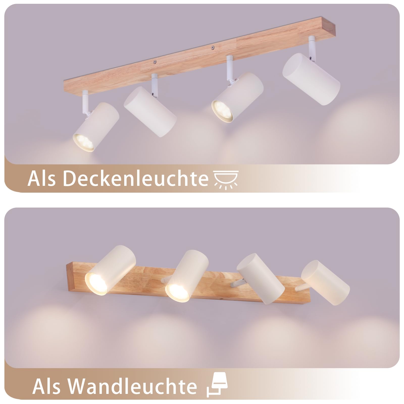 Glitzerlife Lampa Sufitowa 4 Płomień Światło Sufitowe Drewno Sufitowa | Przedpokój Biały Metal Nowoczesne Gniazdo Obrotowy Spot Sufitowy 350° Salonu Sypialnia Kuchnia z 6x 4.8 W GU10 żarówki