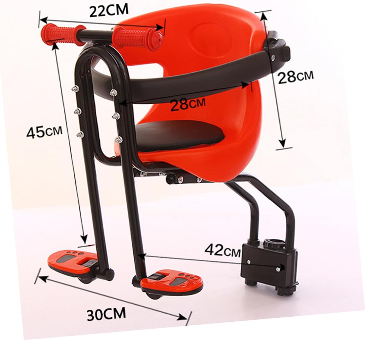 Adjustable Bike Seat with Quick Dismounting Safety Handrail Foldable Pedals and Thick Back Support for Ages to Comfortable Red Front Mounted Seat for Foldable and Road Random Color