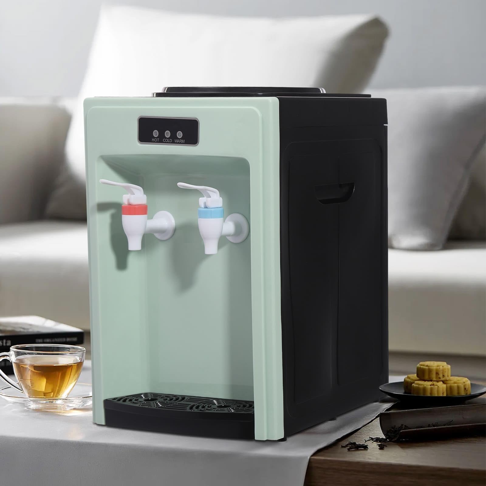 Elektryczny dozownik wody, fontanna wodna, ciepła (90°C) i zimna (15°C), ogrzewanie 550 W / chłodzenie 75 W, PP i stal nierdzewna 304, do domu/biura (zielony)