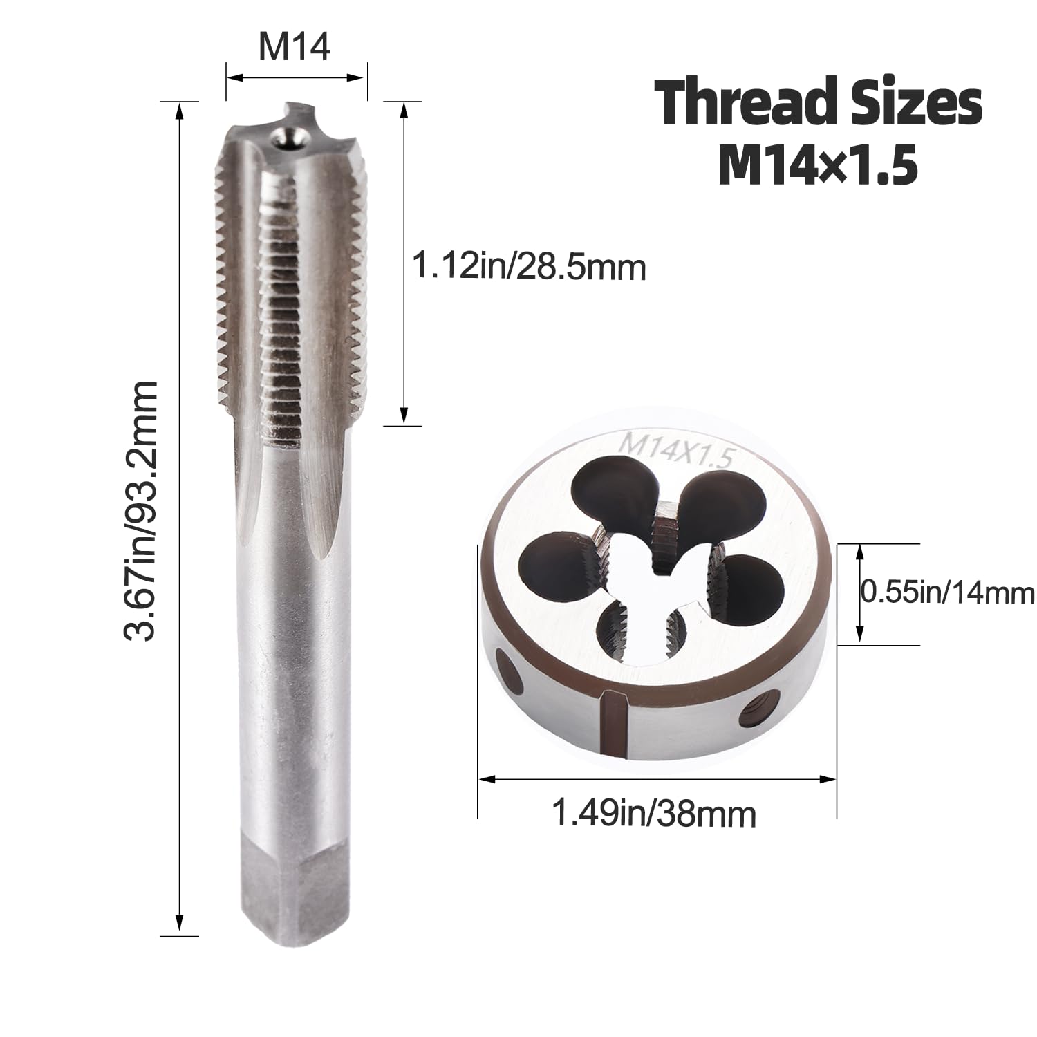 M14 x 1,5 Juego de roscas métricas y troqueles, M14 x 1,5 mm, acero de alta velocidad, juego de troqueles para máquina derecha