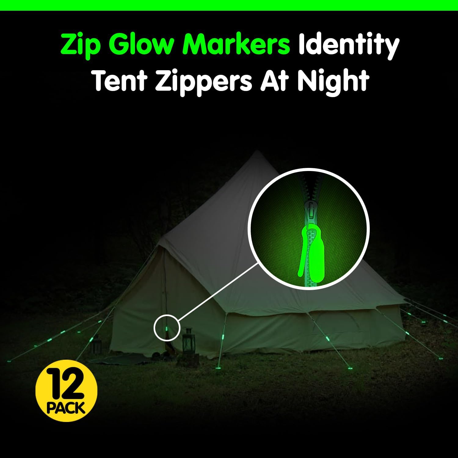 GLO-X Campers Essential Glow Pack - Powerful Glow in The Dark Camping Accessories for Tent Campers- 12 Zips/4 Round/4 Straight Markers