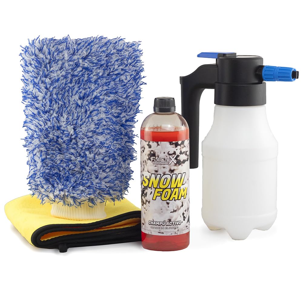 Fullcarx Kit Snow + Foamer Eléctrico + Accesorios Kit Champú Con Pulverizador A Presión Automático Eléctrico Batería, Manopla Y Toalla, Detergente Espuma Activa Snow Foam Ph Neutro, Limpieza Exterior Coche, Productos Detailing Profesional