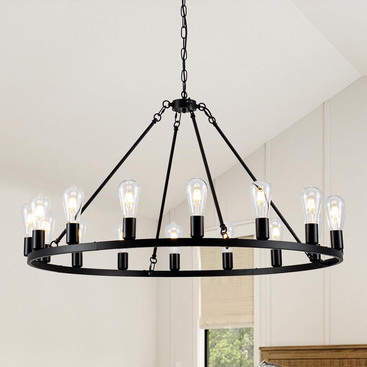 16-Light Wagon Wheel Chandelier, 40 inch Farmhouse Wagon Wheel Chandeliers, Black Round Rustic Pendant Lights, Industrial Ceiling Light Fixtures for Dining Room Living Room Bedroom Kitchen Entryway