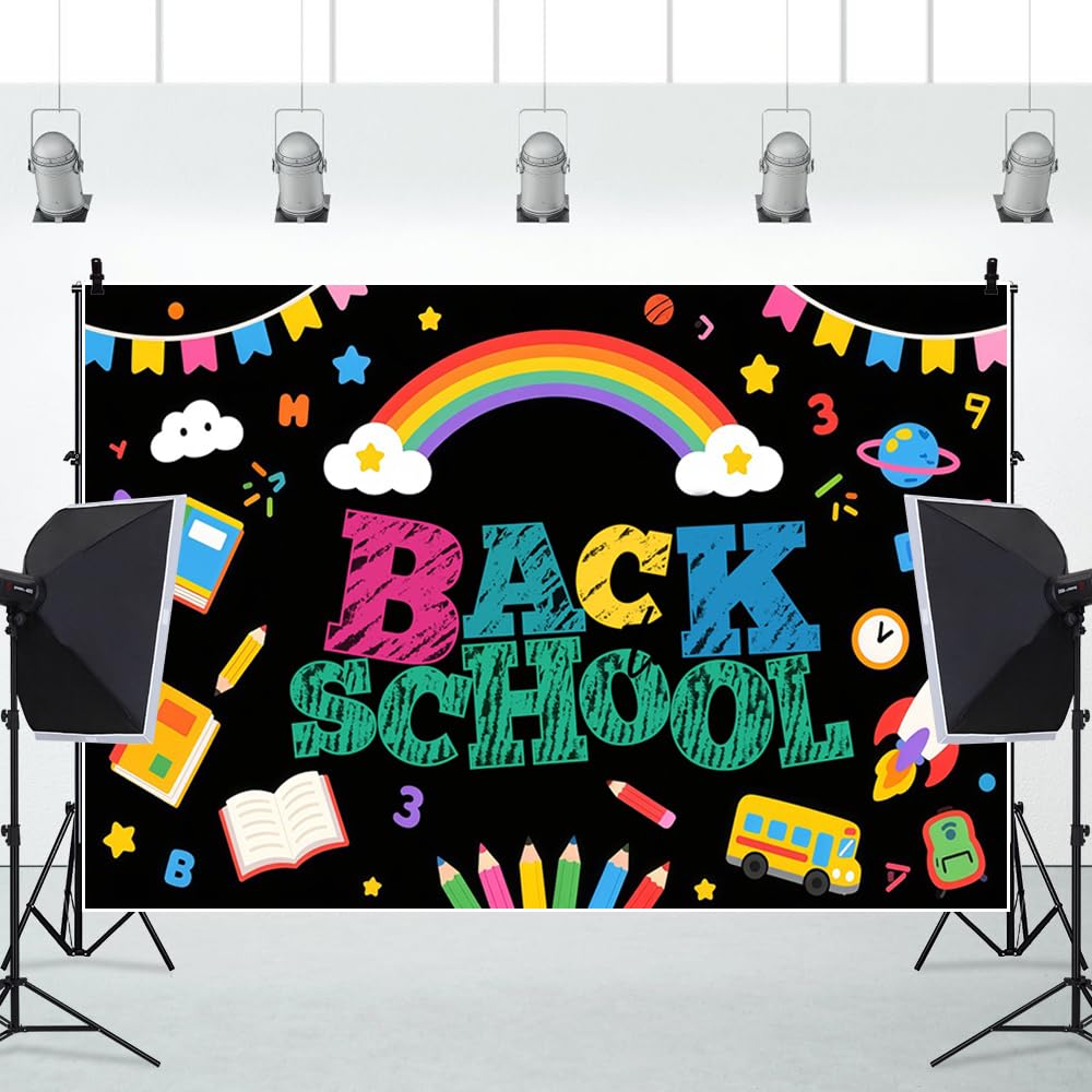 4.2x3m Cartoon-Regenbogen Einschulung-Fotohintergrund Schulbuch Bleistift Tafel Hintergrund für Bürobanner Klassenzimmerbedarf Fotokabine