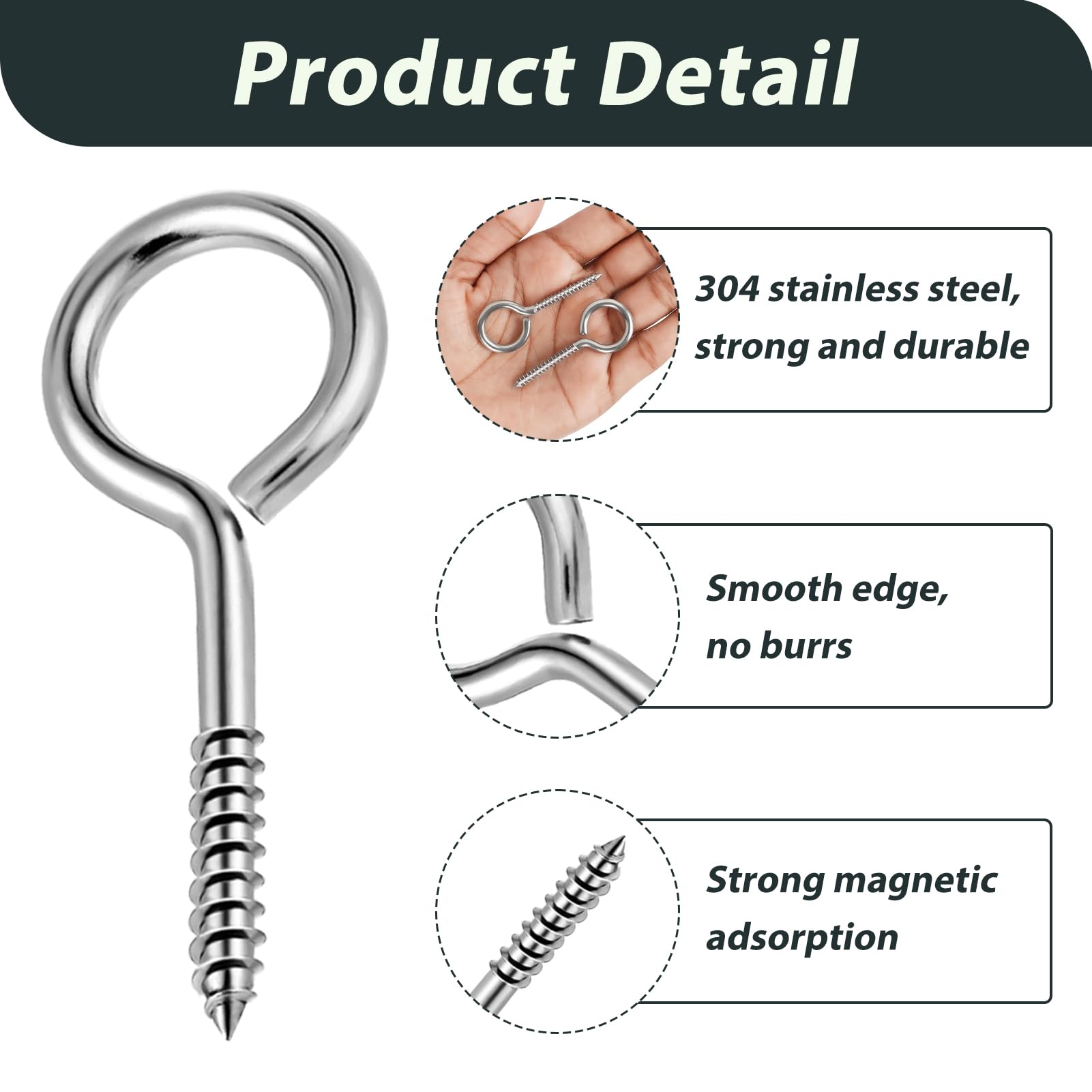 10 Pcs Eye Hooks Screw, 2.5 Inch Eye Screws Eyelet Screws Stainless Steel Heavy Duty Bolts, Rust & Corrosion Resistant - Image 3
