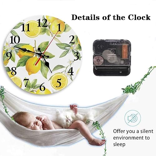 Miniatura 4 de Britimes Reloj de pared redondo silencioso sin tictac, funciona con pilas, 12 pulgadas, limón de verano, decoración del hogar para sala de estar,