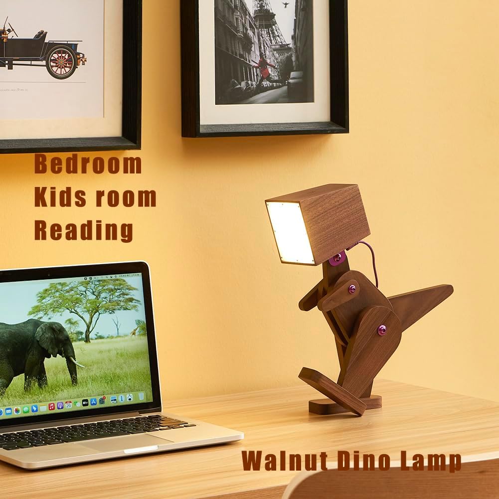 Novelty Unique Wood Dinosaur Table Lamp for Bedroom, Bedside, Kids Room - 3 Levels Dimmable Touch Control Adjustable Robot Design Natural Finish Desk Light for Living Office Farmhouse (Black)