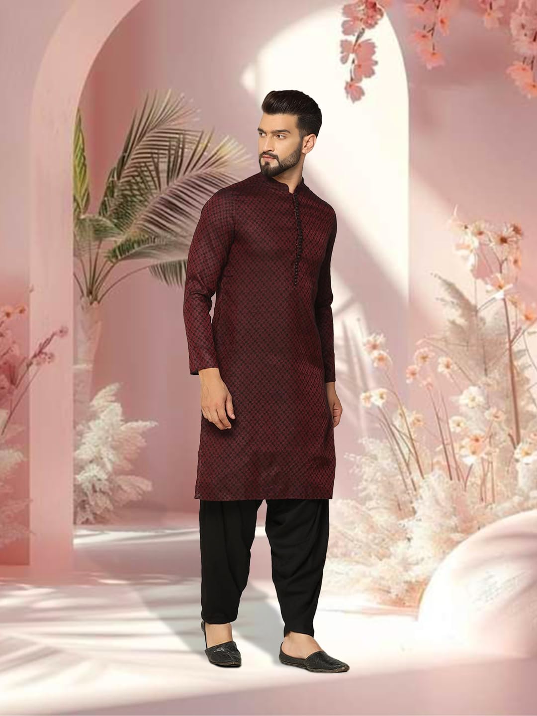 Kisah Mens Printed Silk Blend Jacquard Kurta - Traditional Ethnic Wear Kurta For Men For Weddings & Festivals, Maroon, 42
