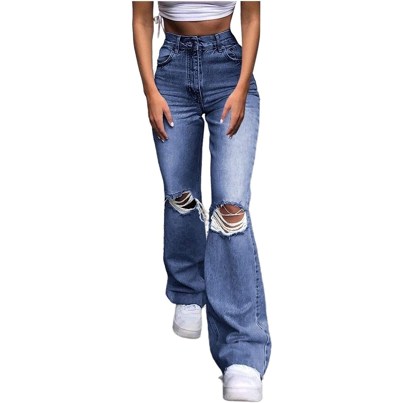 FUZUAAWomen Distressed Ripped Jeans Baggy Wide Leg Jeans Stretch Loose Straight Casual Denim Long Pants Trouser (Color : Blue, Size : Large)
